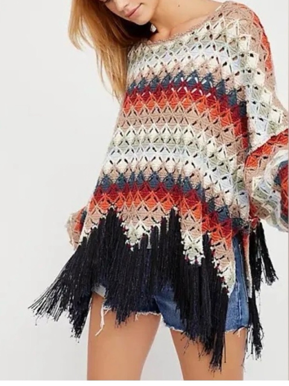 Free People Nadia’s Open Knit Fringe Poncho Sweater XS/S
